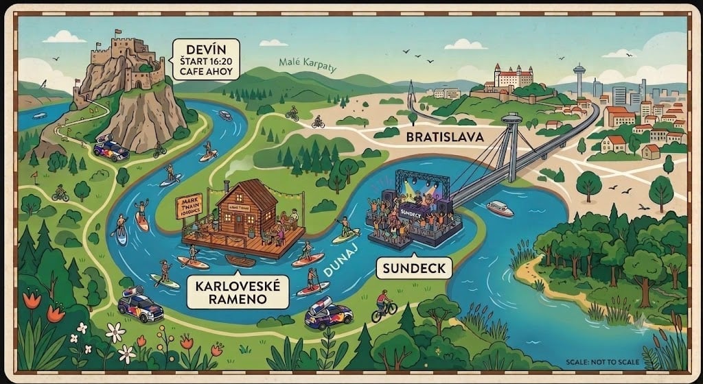 Illustrated map of Slovak landmarks including Devin Castle, Bratislava, Carlsbad Spa, and Sundeck along the Danube River
