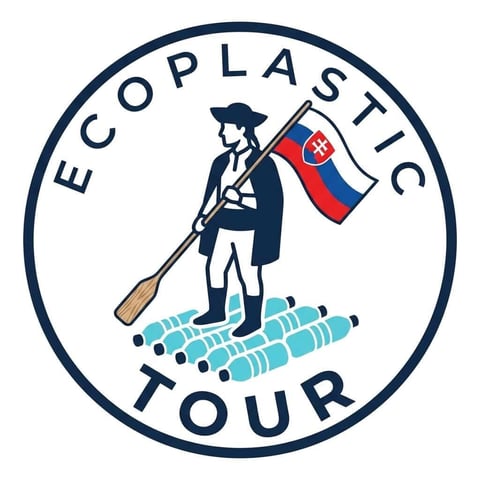 Ecoplastic Tour logo featuring a person holding a paddle and Slovak flag standing on plastic bottles