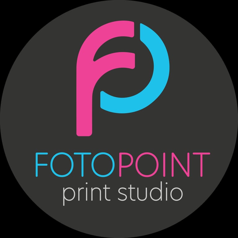 FotoPoint print studio logo with pink and blue stylized P design on dark gray circular background