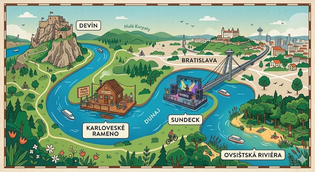 Illustrated map of Bratislava and surrounding areas showing Danube River, landmarks, and key locations like Devin Castle and Sundeck