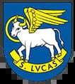 White goat with yellow wings on blue background with LYCAON text banner, circular emblem logo