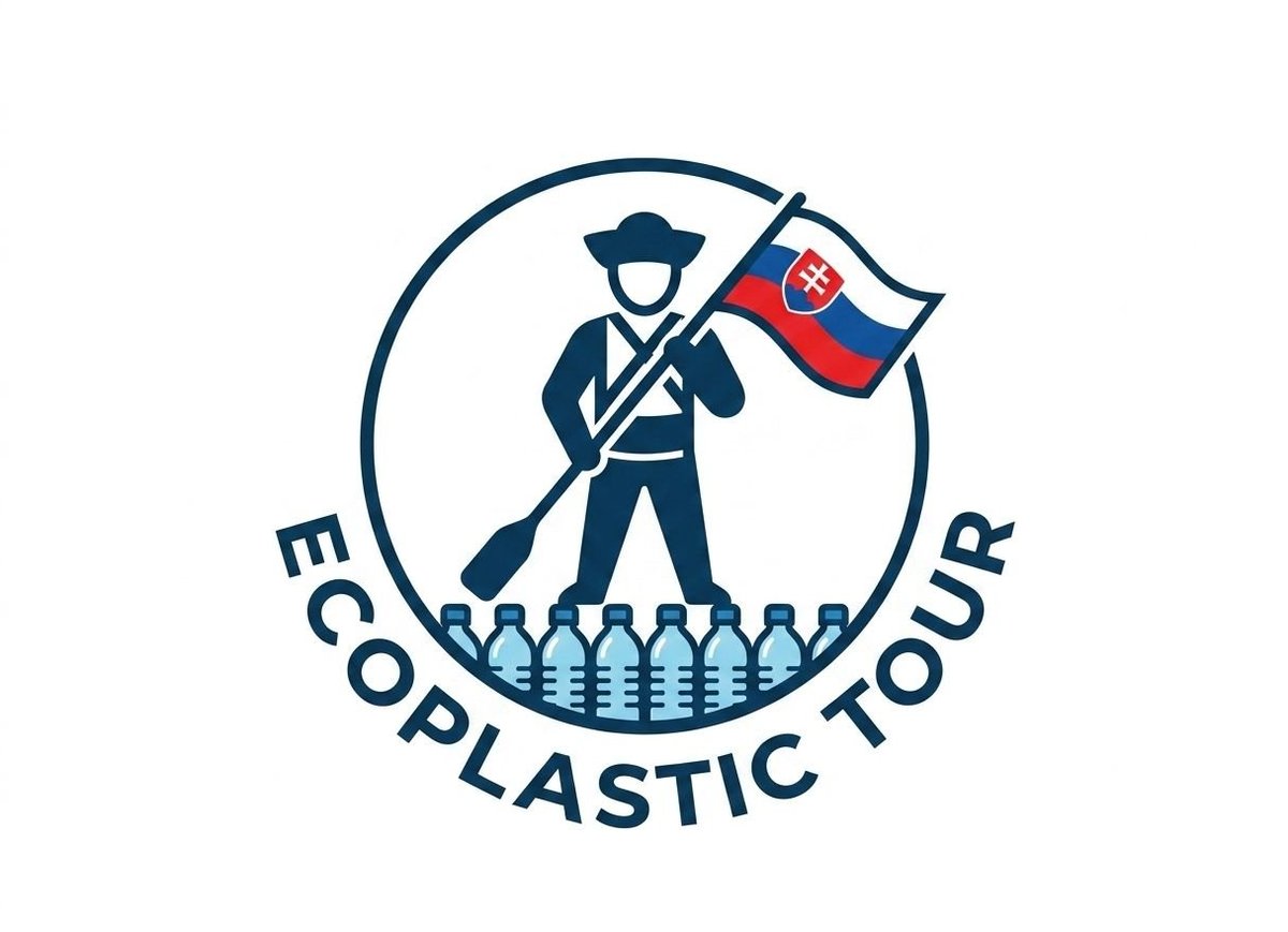 Ecoplastic Tour logo featuring a soldier holding a Slovak flag and shovel standing over plastic bottles in a circle