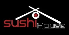 Sushi House logo featuring crossed chopsticks, a circle, and restaurant name on black background